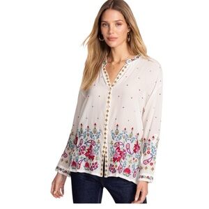JOHNNY WAS The Teresa Audrey
Mandarin Collar Button‎ Down Embroidered Blouse